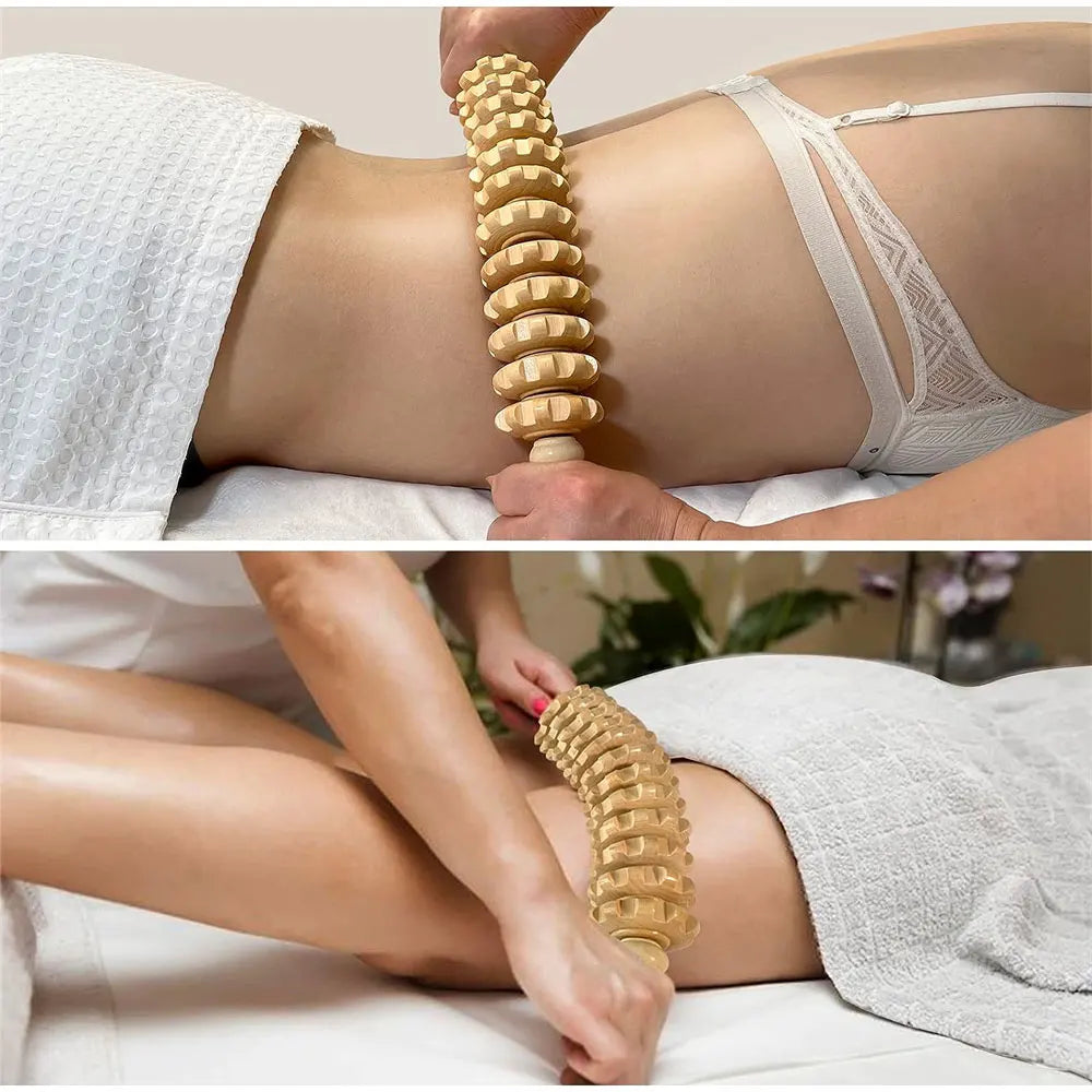 Curved Wooden Fascia Massage Stick – 12 Roller Lymphatic & Muscle Recovery Tool