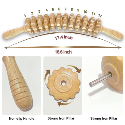 Curved Wooden Fascia Massage Stick – 12 Roller Lymphatic & Muscle Recovery Tool