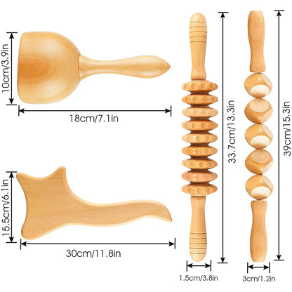 4 In 1 Wooden Therapy Massage Tools Anti Cellulite Massager Muscle Pain Relief Wooden Kit for Body Shaping & Sculpting