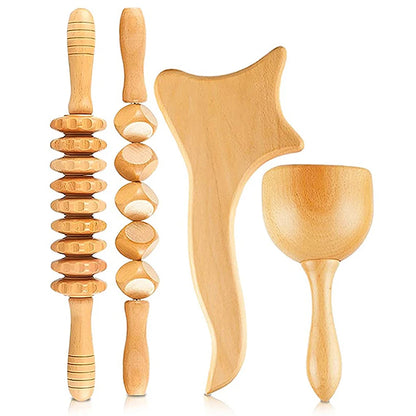 4 In 1 Wooden Therapy Massage Tools Anti Cellulite Massager Muscle Pain Relief Wooden Kit for Body Shaping & Sculpting