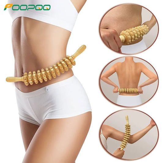Curved Wooden Fascia Massage Stick – 12 Roller Lymphatic & Muscle Recovery Tool