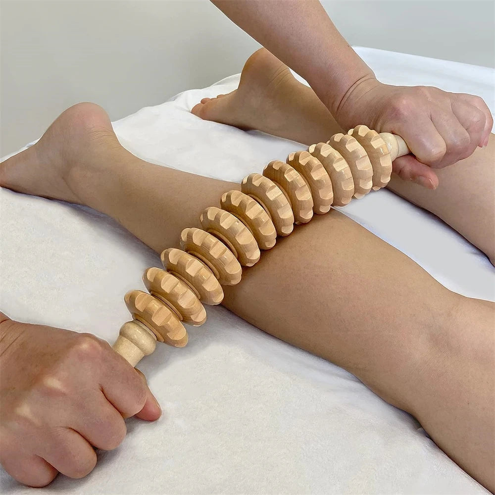 Curved Wooden Fascia Massage Stick – 12 Roller Lymphatic & Muscle Recovery Tool